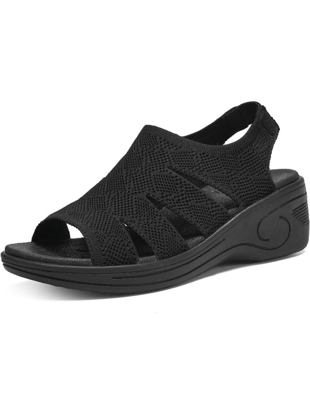 Women's All Black Sandals Platform Open Toe Ankle Elastic Strap Casual Walking